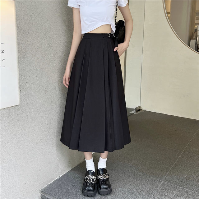 College style gray suit pocket pleated skirt mid-length large size high waist slim design casual and versatile long skirt