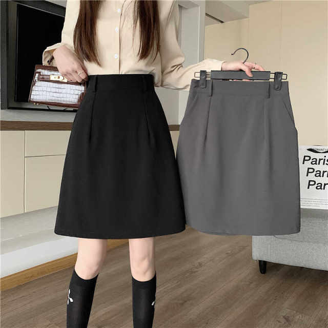 Large -size suit A -shaped skirt Female high waist -fitting pocket skirt covered with thin OL wild bag hip skirt