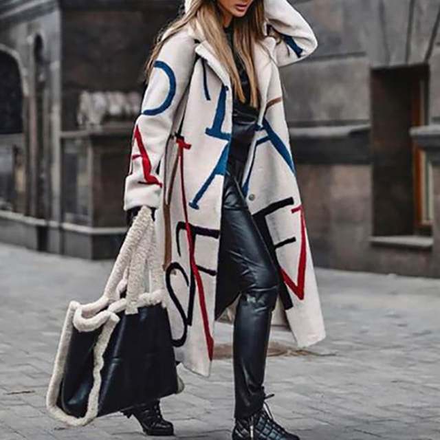 New autumn large-size women's clothing European and American style casual loose slim printed windbreaker lapel woolen coat coat
