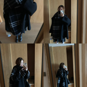 
Komorebis double-sided black and white plaid scarf cloak two-wear alpaca wool double-sided