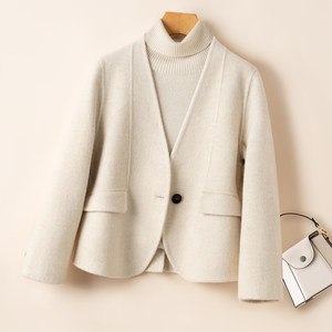 
100% wool 2025 autumn and winter new double-sided woolen coat suit women's v-neck long-sleeved coat short style