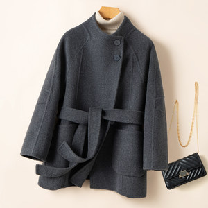 
100% wool 2025 autumn and winter new double-sided woolen coat for women mid-length stand collar lace-up waist wool coat