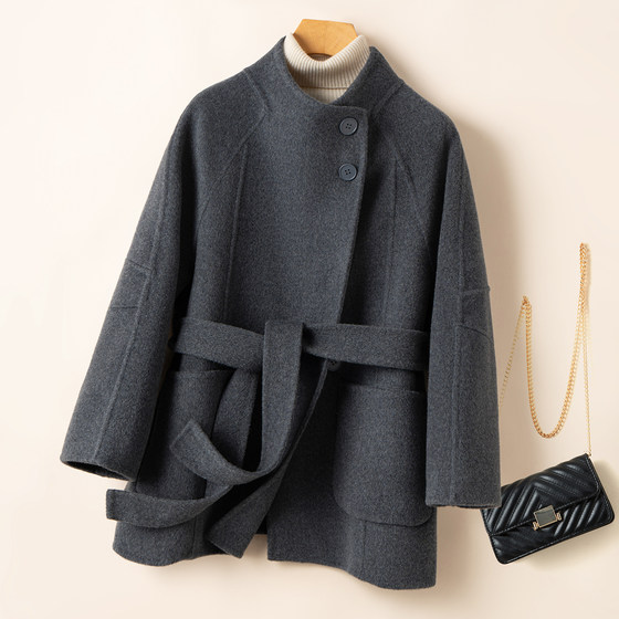 
100% wool 2025 autumn and winter new double-sided woolen coat for women mid-length stand collar lace-up waist wool coat