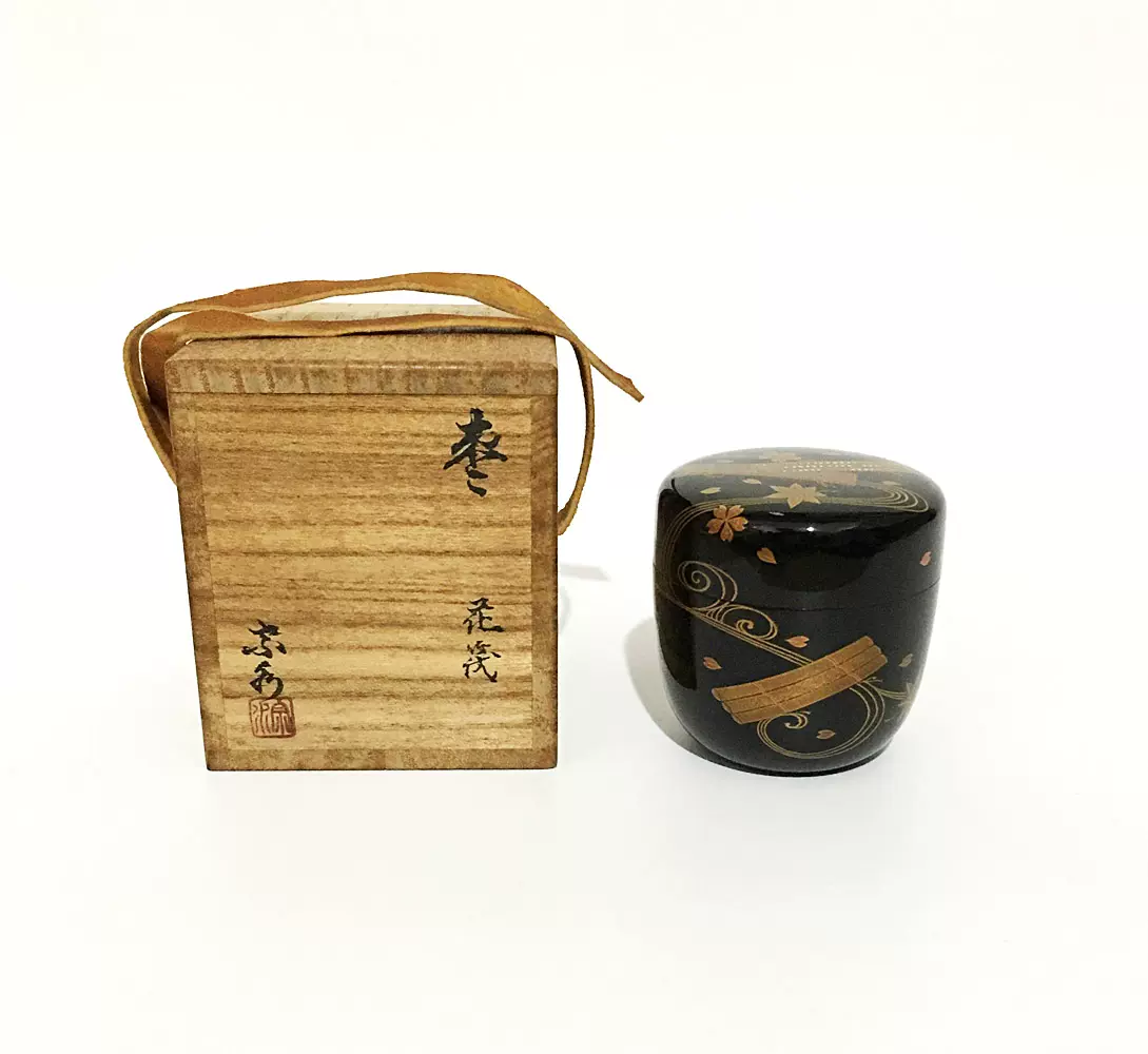 日本茶道具清水宗水作輪島塗木胎漆器花筏蒔繪內銀地茶棗薄茶入-Taobao