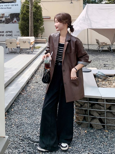 Large size autumn Maillard suit for women Hong Kong style loose denim jacket temperament retro suspender dress two-piece suit
