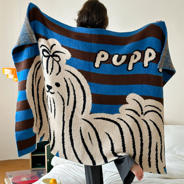 American blue striped puppy multifunctional knitted half-side blanket blanket lunch blanket cover blanket thickened blanket bedroom