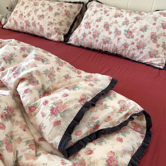 
Category A maternal and infant grade cotton aerobic double gauze bed four-piece set French wrinkled lace quilt cover three-piece bed sheet set