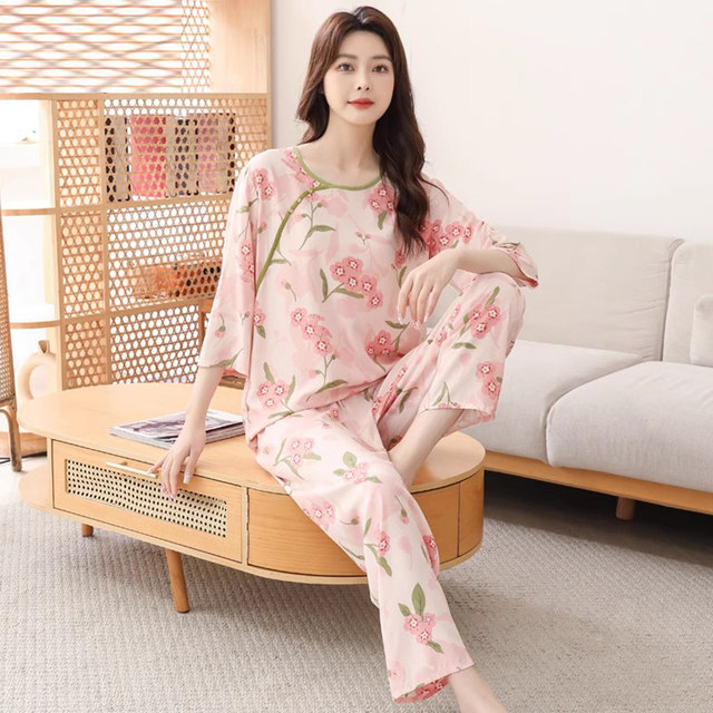 
Chinese style cotton silk pajamas for women in spring and autumn long-sleeved artificial cotton home clothes cotton silk suit summer thin large size Chinese style outside wear