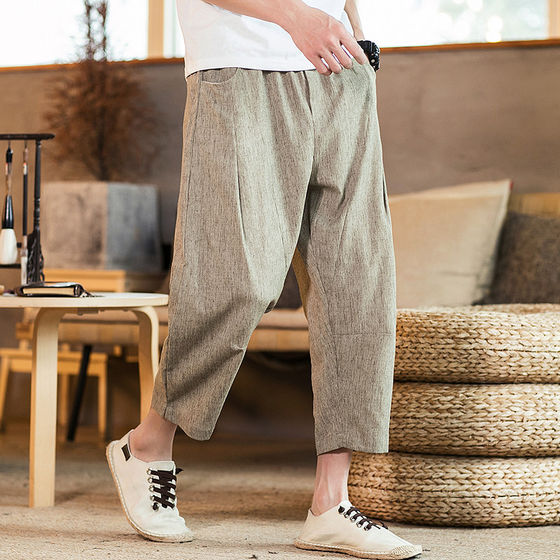 
2026 new summer men's Chinese style cotton and linen casual pants linen breathable three-quarter pants elastic waist loose harem pants