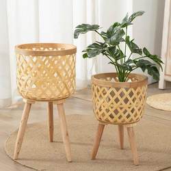 New Chinese-Style Movable Plant Basket, Hand-Woven Living Room Plant Stand, Balcony Decoration Flower Pot, Wooden Woven Basket for Home Use