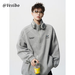 American-Style Trendy Embroidered Polo Shirt for Men, Spring High-Street Retro Half-Zip Stand-Up Collar Jacket, Loose-Fitting Sports Long-Sleeve Sweatshirt