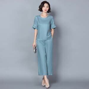 
New heavyweight real copper ammonia pear type mother grandma short-sleeved summer two-piece set loose large-size wide-leg pants set