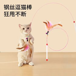 Cat Teaser Wand Toy with Bell and Feathers, Self-Entertainment Boredom-Relief Cat Teaser Tool, Durable Steel Wire Long Rod Colorful Cat Teaser Wand