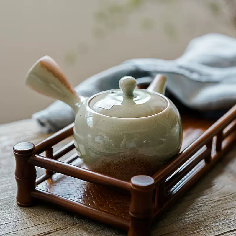 现货日本常滑烧⼀⼼作丸形窑变⽩釉侧把急须复古陶瓷茶壶茶桌摆件-Taobao