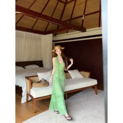 French-Style Polka-Dot Ribbon Halter Dress for Women, Summer Elegant Green Dress, Waist-Cinching Bodycon Dress, Vacation Long Dress