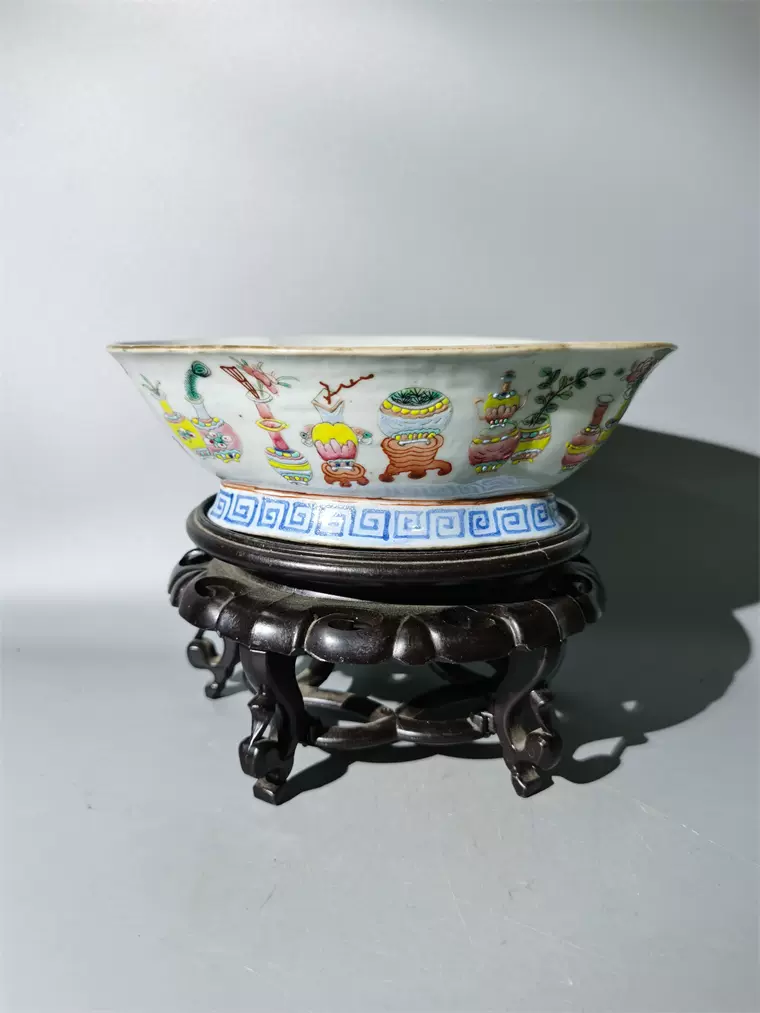 同治粉彩博古纹供盘包老老瓷器青花粉彩浅绛彩