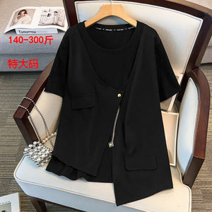 
Extra large size fake two-piece short-sleeved round neck T-shirt for women 300*0.5kg summer fat mm design loose and fashionable top