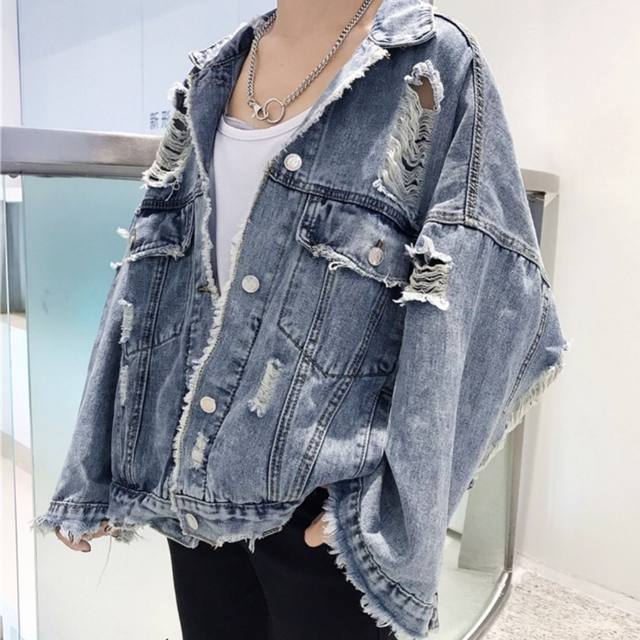 New trendy brand ripped denim jacket men's loose BF style light color ...