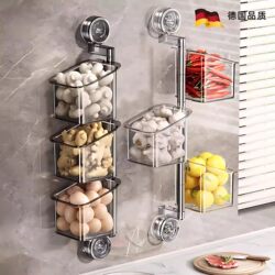 German Kitchen Storage Box for Onions, Ginger, and Garlic, No-Drill Suction Cup Shelf, Wall-Mounted Ginger and Garlic Storage Organizer