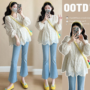 
Pregnant women's spring tops for women's fashionable age-reducing Korean maternity wear square collar doll shirt loose small spring and autumn shirt