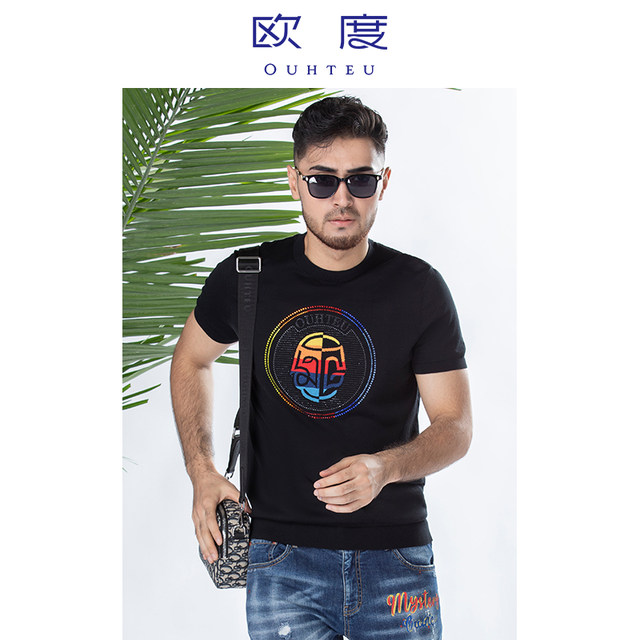 OUHTEU/OUDU men's short-sleeved T-shirt knitted black round neck ...