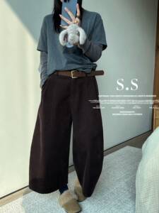 S-SHE冬季新款韩版时尚设计感拼接卫裤女宽松显瘦灯泡裤加绒