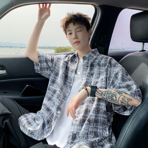 
2026 summer American tie-dye embroidered plaid short-sleeved shirts for men and women with quarter-sleeved casual loose and versatile trendy tops