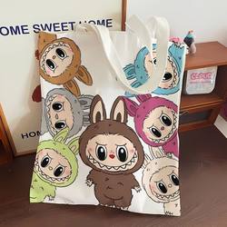 Labubu Canvas Bag, Labubu Merchandise, Eco-Friendly Tote Bag, Large Capacity Tutoring Bag, Foldable Shoulder Bag, Snack Bag