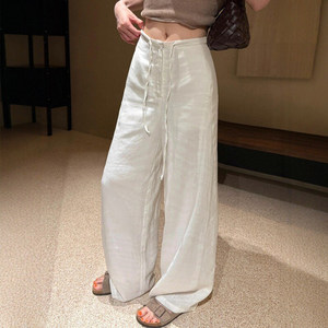 White linen pants for women 2025 autumn and winter new style fat sister mm high waist loose slimming wide leg cotton and linen cool pants