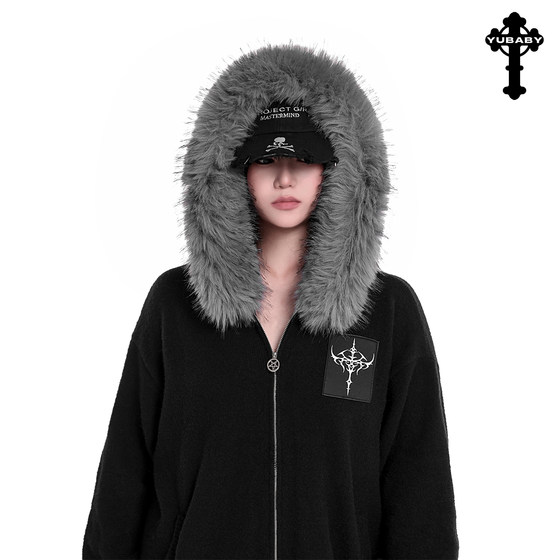 
[Soft and Slimming] Original Sweater Oversized Fur Collar Zipper Jacket Hoodie Imitation Fox Fur Gothic Cross