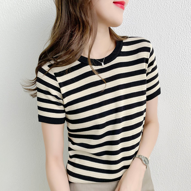 Knitted Round Neck Short Sleeved Striped T Shirt For Women With Niche