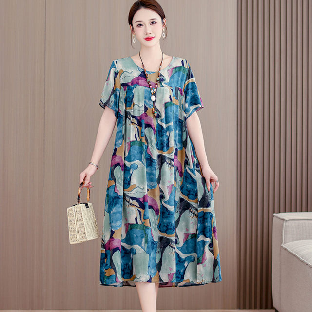 Temperament Middle-aged Cotton Silk Dress Women's Summer New Fat Mom 