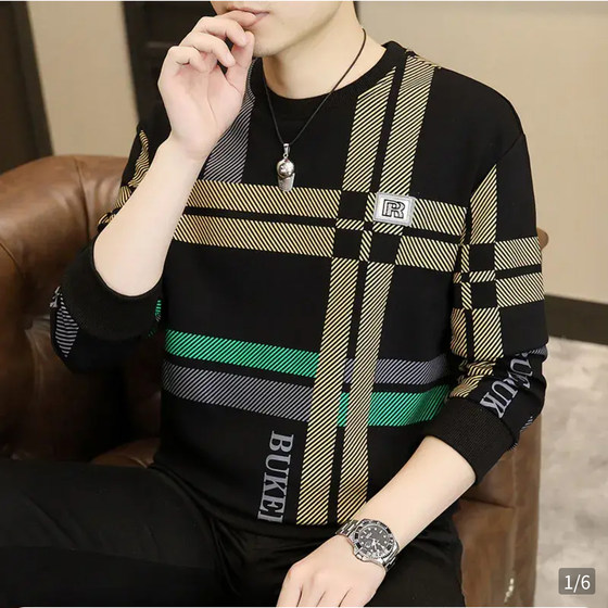
Men's sweatshirt striped autumn new long-sleeved T-shirt spring clothes round neck young and middle-aged autumn clothes versatile bottoming shirt trend