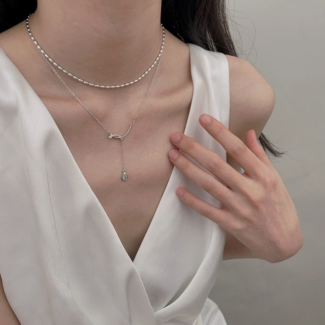 S925 Pure Silver Galaxy Waterfall Water Drop Loise Light Chain Necklace Female Light Luxury Design Stacking Causal Chain Gift
