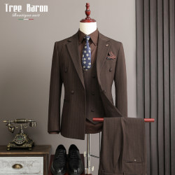 2025 Spring High-End Striped Double-Breasted Suit Set Men's Wedding Dress Business Formal Wear Groom Suit Men