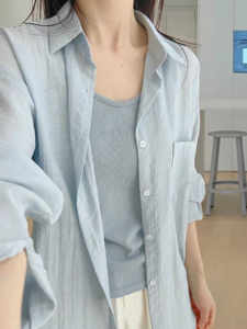 
Cotton and linen long-sleeved sunscreen shirt for women's jacket spring and autumn thin large size fat mm slimming loose polo collar casual shirt