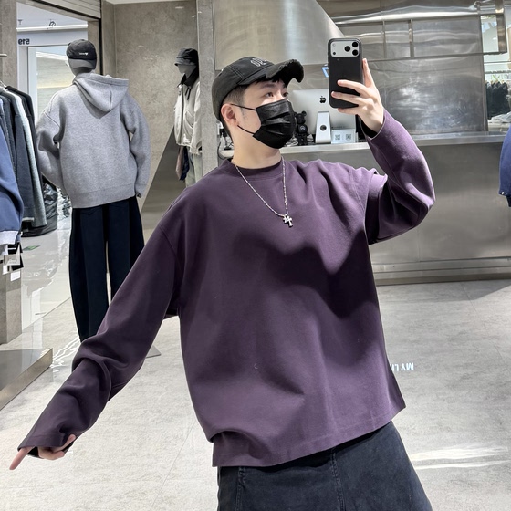 
Trendy brand autumn and winter heavyweight long-sleeved T-shirt men's ins Korean version solid color hem slit loose youth inner layering trendy T-shirt