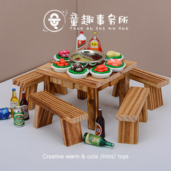 Mini Eight Immortals Table Miniature Dining Table and Chairs, Simulated Hot Pot Restaurant Ingredients, Wine Bottle Model, Food Play Furniture, Ornaments, Toys