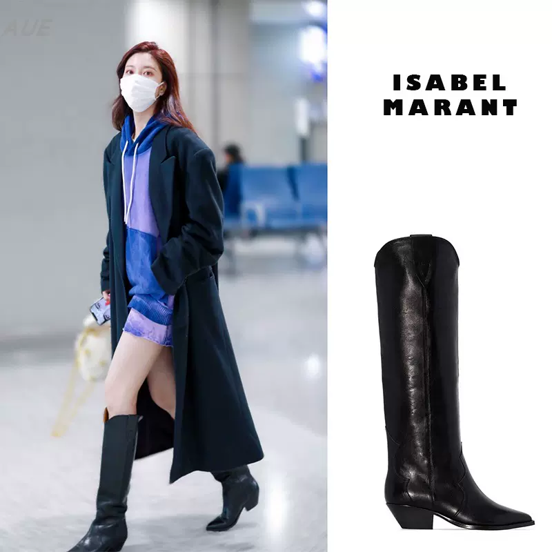 正品折扣Isabel Marant 中跟皮质尖头高筒骑士靴西部牛仔长靴女-Taobao