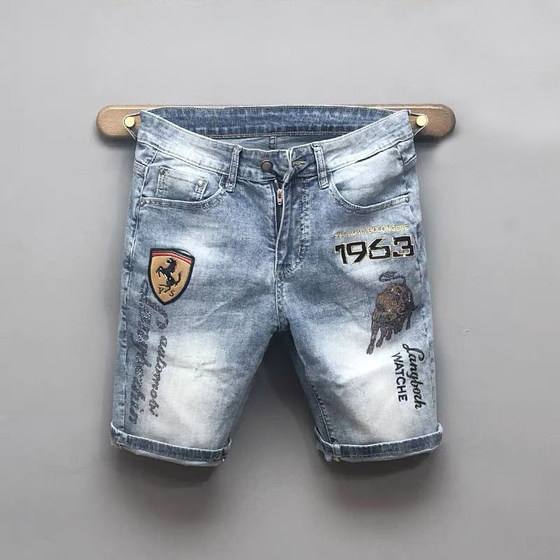 Summer thin denim shorts, men's tide brand slim -body elastic embroidery pants, Korean version of trendy wild leisure pants
