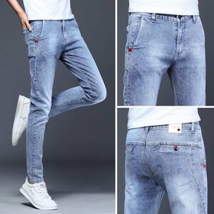 Jeans men's summer thin nine -point nine -point slim feet, Korean version of trendy casual elastic long pants men