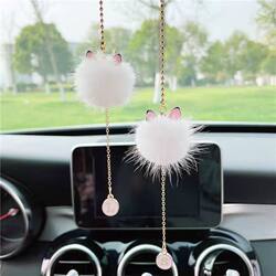 Cute Kitten Mink Fur Car Pendant, Car Interior Hanging Ornament, Internet-Famous Hanging Decoration, Car Rearview Mirror Decoration for Women