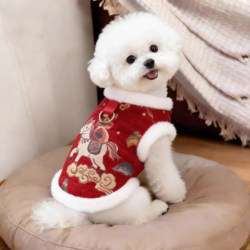 Dog Clothes, New Year of the Horse Style, New Year's Clothing, Winter Fleece-Lined Embroidered Tang Suit Vest, Warm and Thickened Cat Clothes