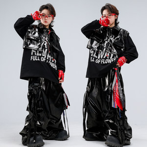 
Trendy and cool boys' drum set and leather pants, handsome hip-hop hip-hop leather vest, handsome middle-aged and older children's hiphop performance clothes
