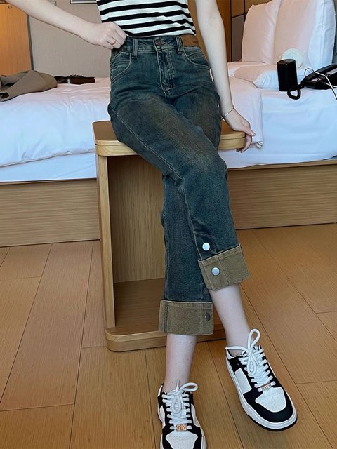 Two buckle stitching contrasting color stick pants Spring and autumn new high -waisted retro straight jeans women's thin cigarette pipe pants