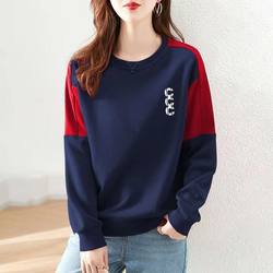 100% Pure Cotton Round Neck Sweatshirt for Women, Long-Sleeved T-Shirt, Plus Size, Spring and Autumn Style, Loose Patchwork, All-Cotton Artistic Top ins