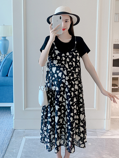 Korean Style Maternity Dress Short Sleeve Chiffon Mid-Length Skirt