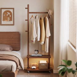 Solid Wood Coat Rack, Movable, Vintage Style, Bedroom Clothes Rack, Floor-Standing, Household Storage, Clothes and Laundry Rack
