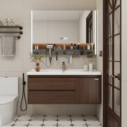 Oulin Mid-Century Style Ceramic Integrated Basin Bathroom Cabinet Combination Walnut Bathroom Hand Wash Basin Cabinet Washstand