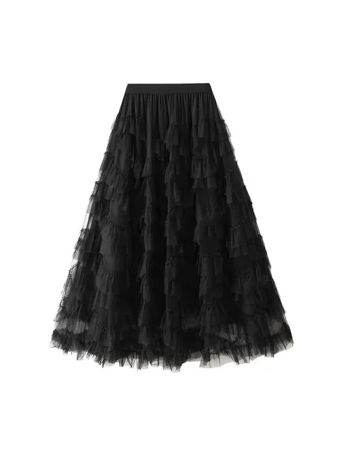 Chaoxian Heavy Industry Lace Mesh Puffed Skirt Slim Umbrella Skirt Large Slim Cake Gauze Skirt Mid-Long Skirt 1393 Solid Color
